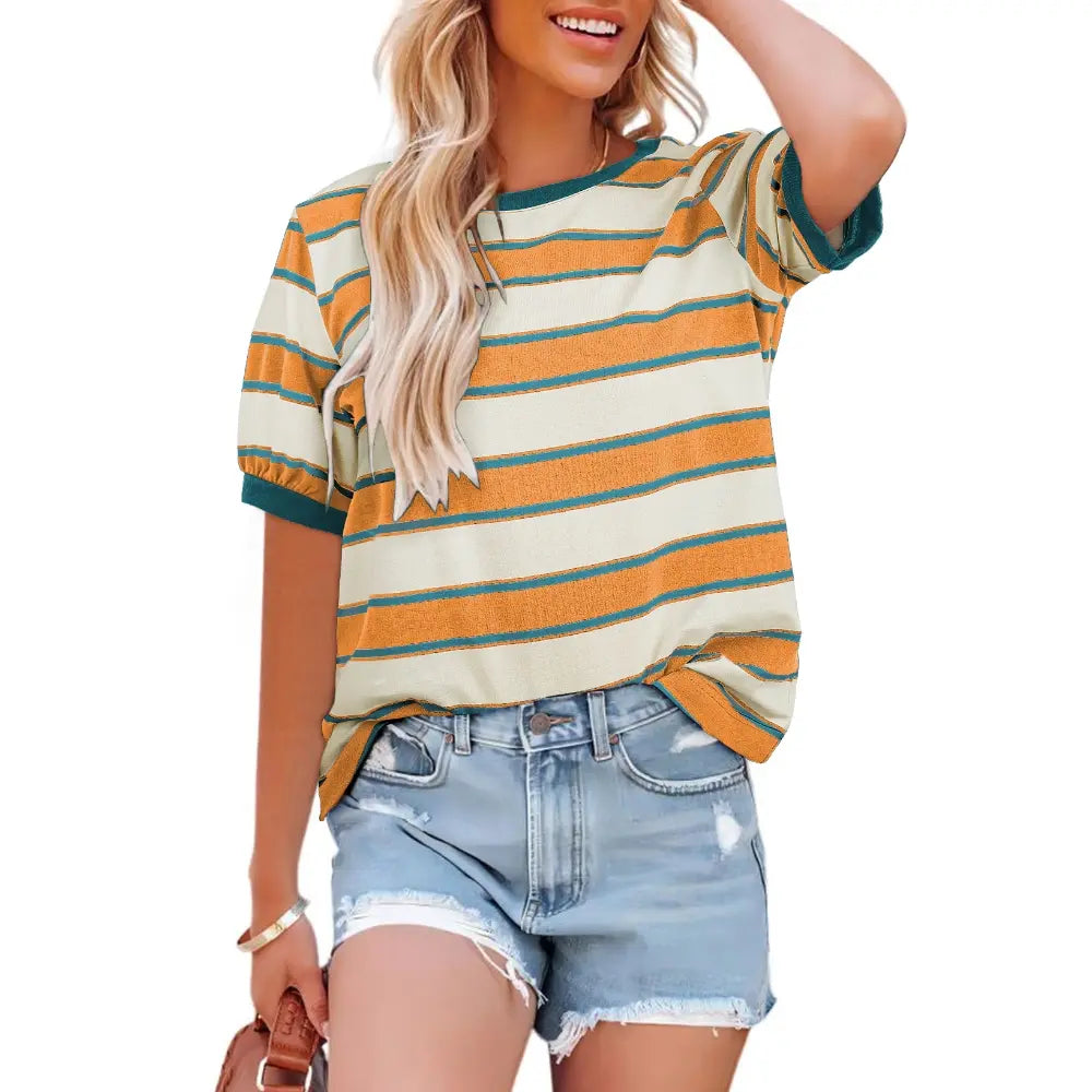 Dokotoo Women's Summer Tops 2026 Striped Color Block Short Sleeve T-Shirts Crewneck Casual Loose Basic Tee Blouses 95% Cotton 5% Elastane Breathable Lightweight Soft Durable