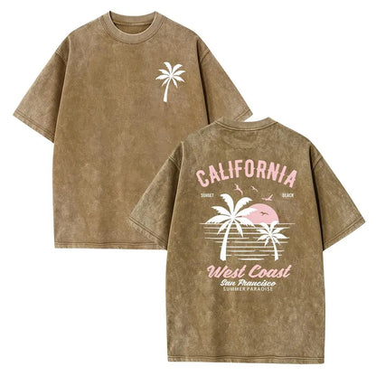 Washed Cotton California Graphic  –  Soft Vintage Surf Beach  with Palm Trees & Retro Print, Loose Fit Summer Casual Shirt for Men Women, Unisex Machine Washable