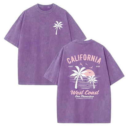 Washed Cotton California Graphic  –  Soft Vintage Surf Beach  with Palm Trees & Retro Print, Loose Fit Summer Casual Shirt for Men Women, Unisex Machine Washable