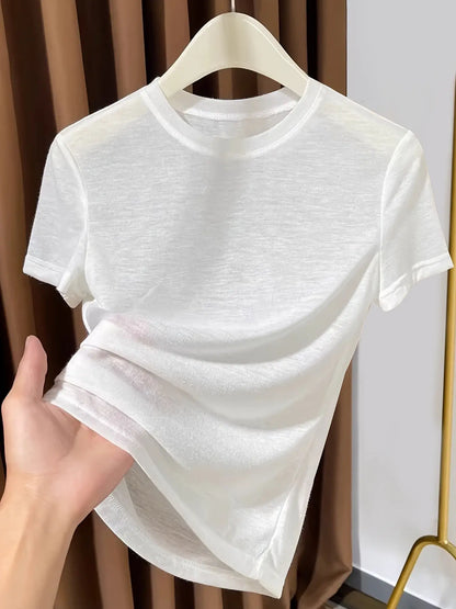 New Semi-Sheer Short Sleeve Top, Layering Piece, Casual Summer Wear, Round Neck Thin T-Shirt for Women, Stylish and Comfortable Clothes