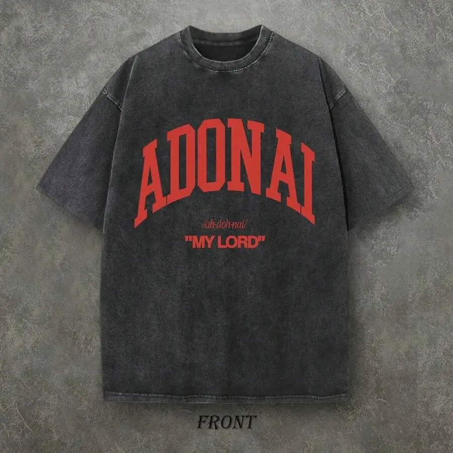 Retro Washed T-Shirt Single-Sided Printed (230 Pure Cotton T-Shirt) 'ADONAI MY LORD' Letter And Pattern Print, Mens TShirt, Mens Shirt Casual, Comfortable, Fashionable T-Shirt, Street Style Cotton