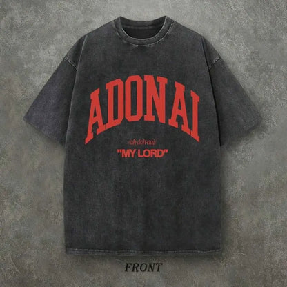 Retro Washed T-Shirt Single-Sided Printed (230 Pure Cotton T-Shirt) 'ADONAI MY LORD' Letter And Pattern Print, Mens TShirt, Mens Shirt Casual, Comfortable, Fashionable T-Shirt, Street Style Cotton