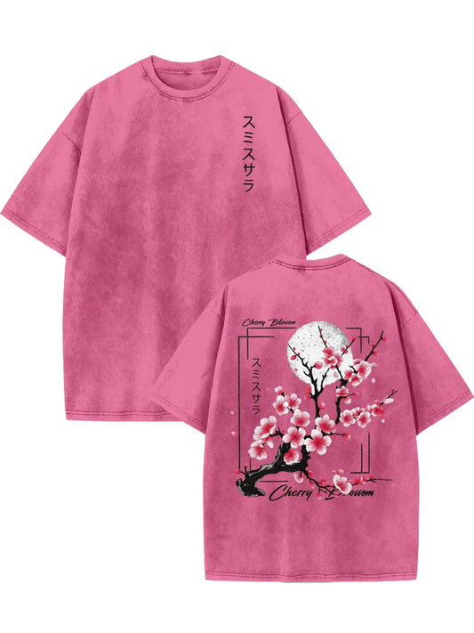 Men's 100% Washed Cotton Fabric Round Neck Short-Sleeve T-Shirt - Vintage Acid-Washed Print Top with Cherry Blossom & Japanese Lettering, Loose Knit Distressed Casual Summer Unisex Wear, Teen Boy Gift Menswear