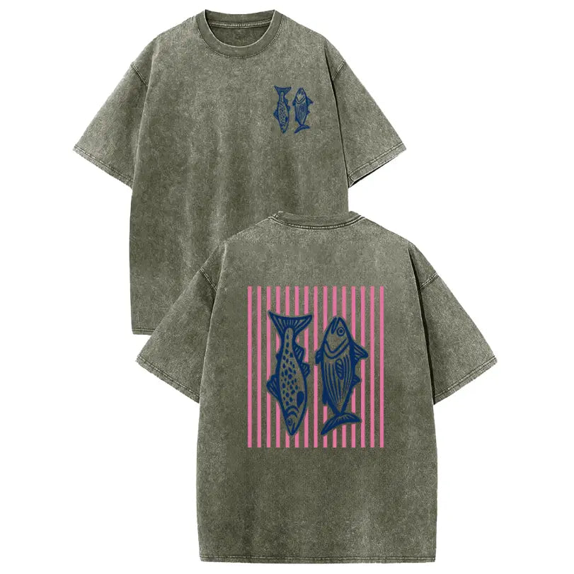 Holafish 2026 100% Cotton Crewneck Acid Wash T‑Shirt, Retro Pink Striped Dual‑Side Fish Graphic Printed Unisex Fashion Tees summervibes Casual Top