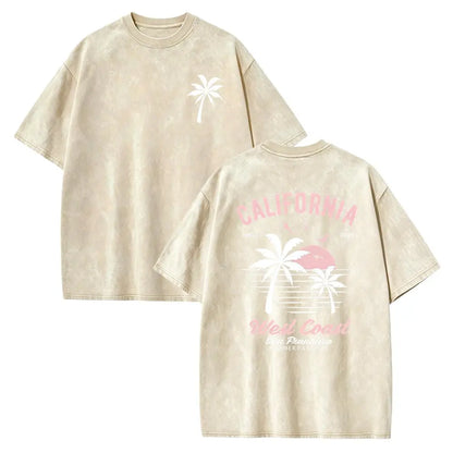 Washed Cotton California Graphic Tee – 250g Soft Vintage Surf Beach Tee with Palm Trees & Retro Print, Loose Fit Summer Casual Shirt for Men Women, Unisex Machine Washable