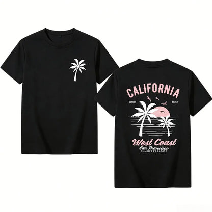 Washed Cotton California Graphic  –  Soft Vintage Surf Beach  with Palm Trees & Retro Print, Loose Fit Summer Casual Shirt for Men Women, Unisex Machine Washable
