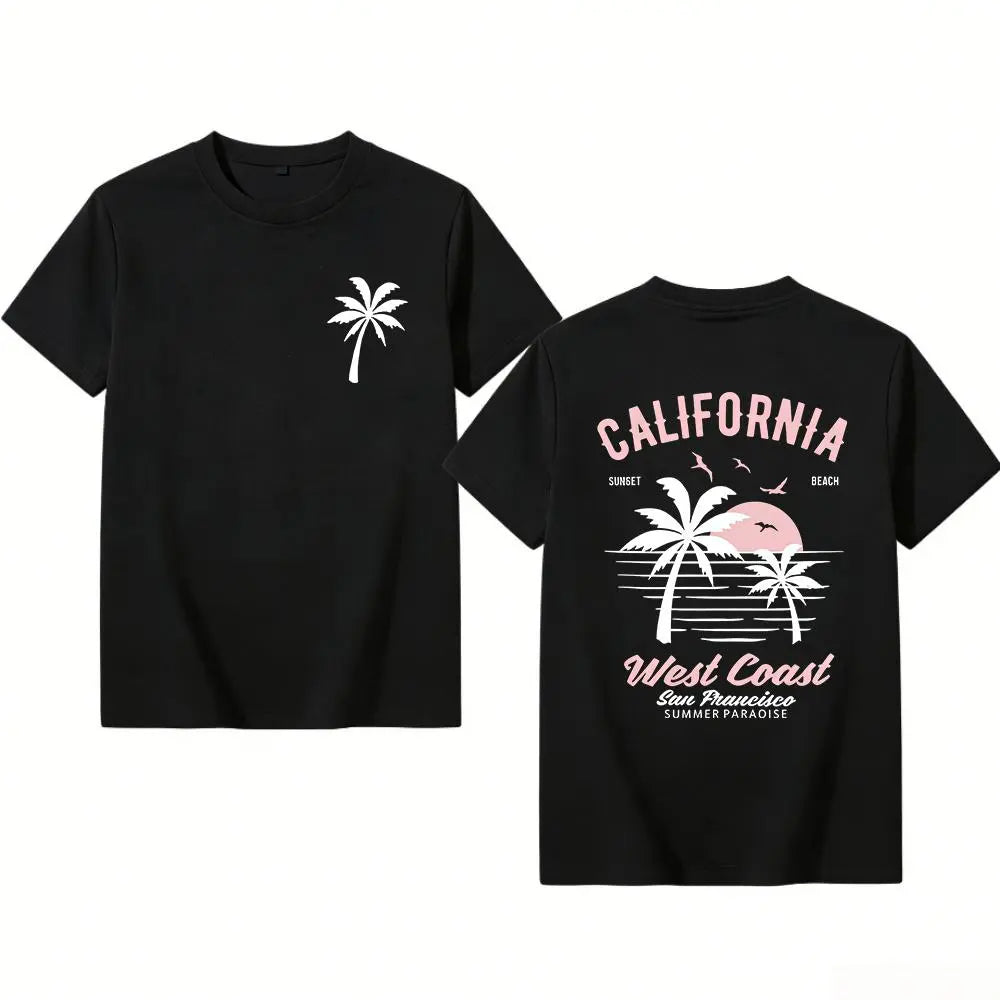 Washed Cotton California Graphic Tee – 250g Soft Vintage Surf Beach Tee with Palm Trees & Retro Print, Loose Fit Summer Casual Shirt for Men Women, Unisex Machine Washable