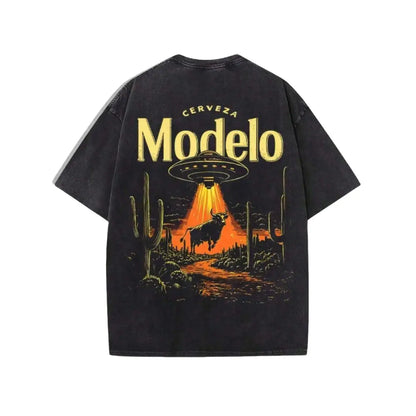 Women's Retro Soft Unisex Vintage Graphic T-Shirt - UFO Bull Desert Scene Print, Distressed Washed Cotton Fabric, Round Neck Short Sleeve Streetwear Outfits for Matching Pants