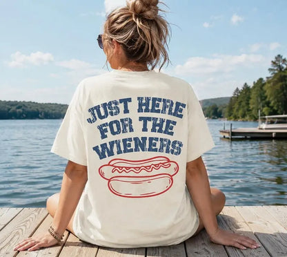 Comfort Colors Just Here For The Wieners T-Shirt - Funny Hot Dog Graphic Tee, Retro 4th of July USA Patriotic Double Sided Summer Vacation Top
