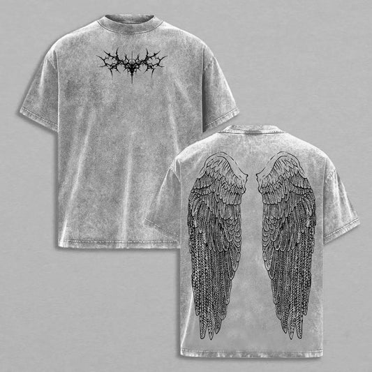 100% Cotton Washed Vintage T-Shirt – Y2K Gothic Wing Graphic Tee, Oversized Grunge Streetwear, Anime-Inspired Dark Aesthetic Top