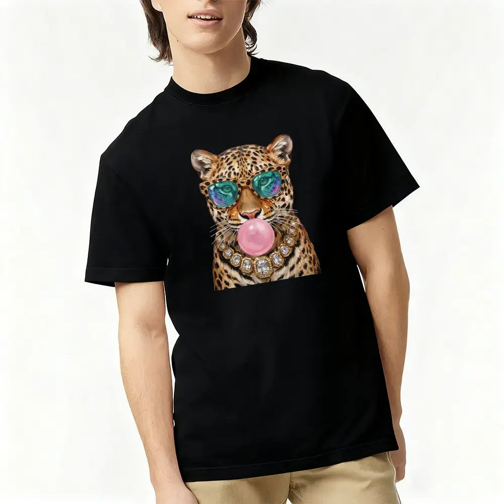Trendy Leopard Shirt, Bubblegum Sunglasses Big Cat Graphic Unique Tshirt, Retro Animal Graphic