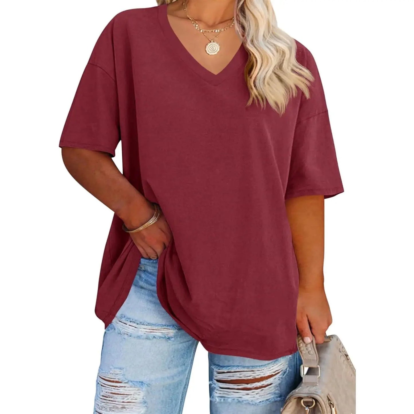 Tankaneo  Women's Plus Size V Neck T Shirts Summer Half Sleeve Tees Casual Loose Fit Cotton Tunic Tops