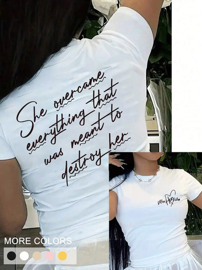 Women's Y2K Style Letter Print Round Neck Short Top, Fitted Motivational Slogan T-Shirt, Casual Everyday Streetwear for Daily Wear，short top