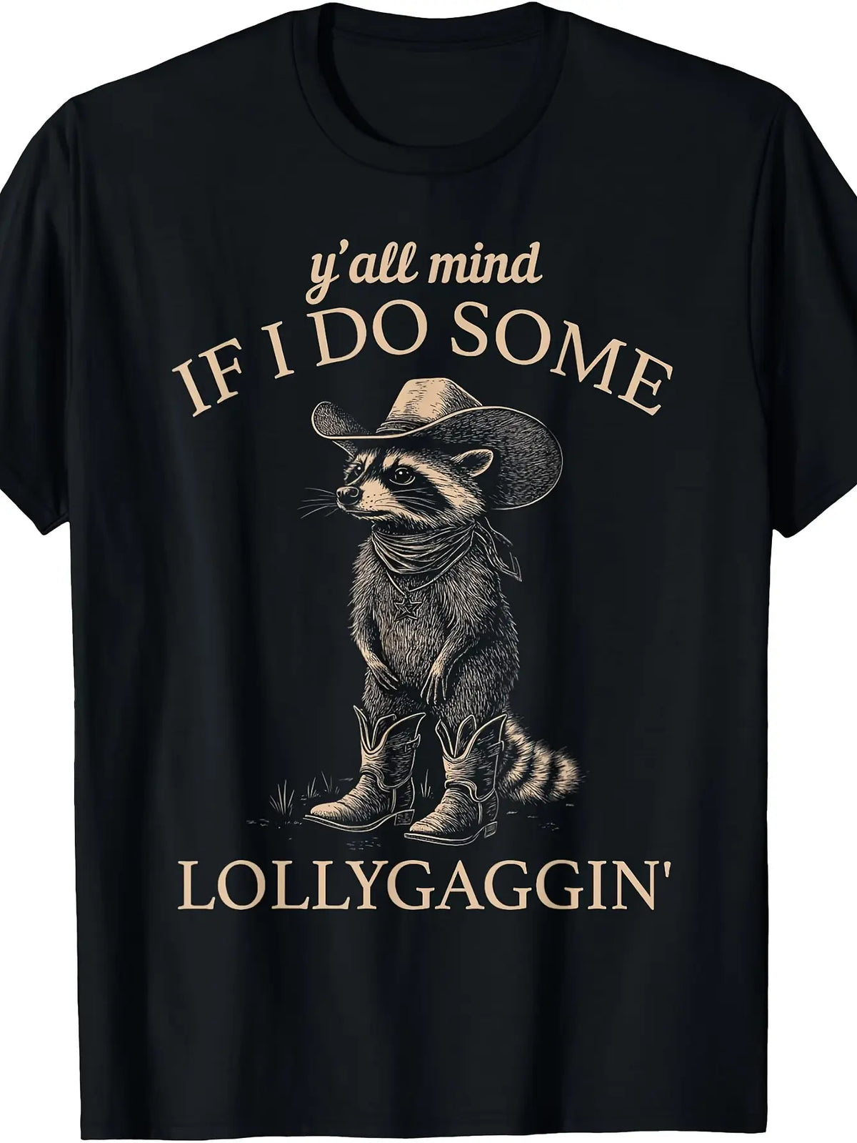 Funny Cowboy Raccoon T-Shirt - Retro Western Graphic Tee with "Y'all Mind If I Do Some Lollygaggin'" Slogan, Machine Washable Round Neck Casual Shirt Suitable for All- Wear & Cowboy Outfits