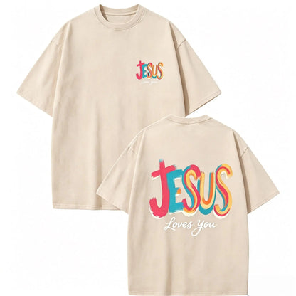 Washed T - Shirt, 1pc Y2K Retro Style, 230G Printed Spring Summer Crew Neck 100% Cotton Soft Daily Streetwear Faith Short - Sleeve T - Shirt with Colorful 'JESUS' on Front and Back fathersdaygift，funny graphic tee, men’s trendy t-shirts,