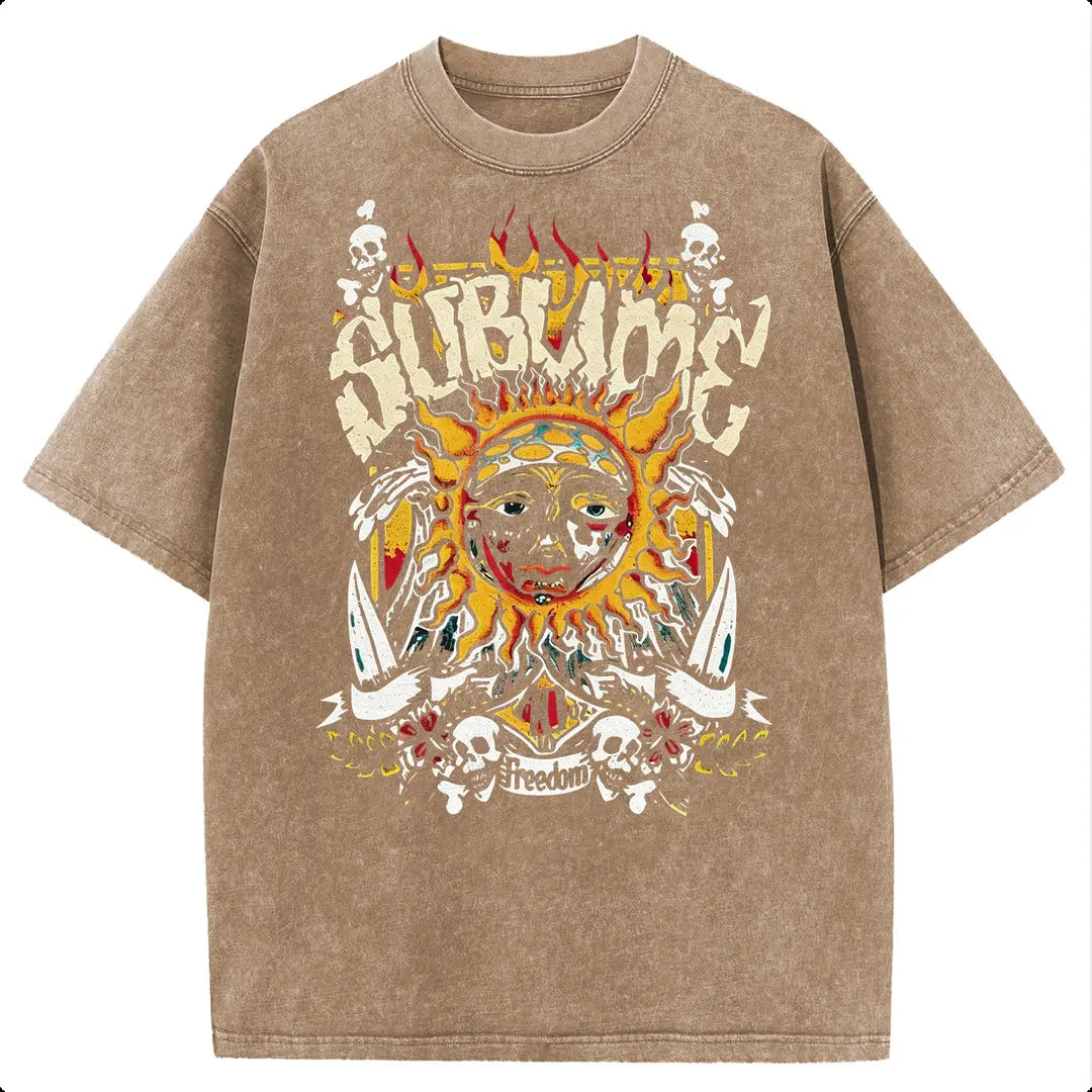 Women's Acid Wash T-Shirt, Vintage Sun Graphic in Heavyweight Cotton, Baggy Fit with Round Neck
