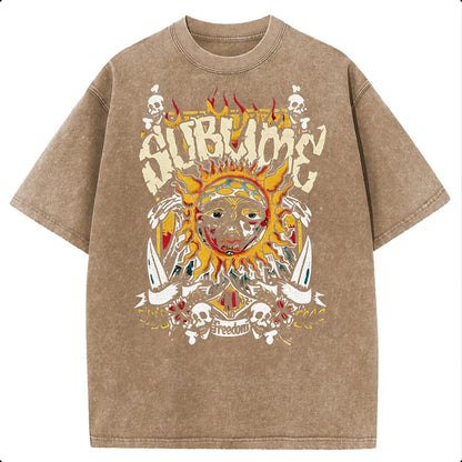 Women's Acid Wash T-Shirt, Vintage Sun Graphic in Heavyweight Cotton, Baggy Fit with Round Neck