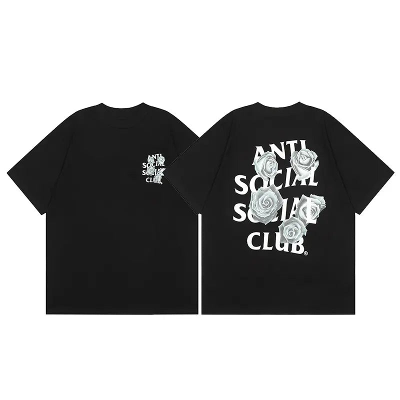 Anti Social Social Club "White Roses" Front/Back T-Shirt Bold Floral Design Streetwear Tee for Menswear Top 100% Cotton Unisex Fit Casual Fabric