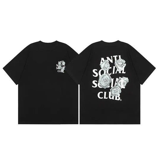 Anti Social Social Club "White Roses" Front/Back T-Shirt Bold Floral Design Streetwear Tee for Menswear Top 100% Cotton Unisex Fit Casual Fabric