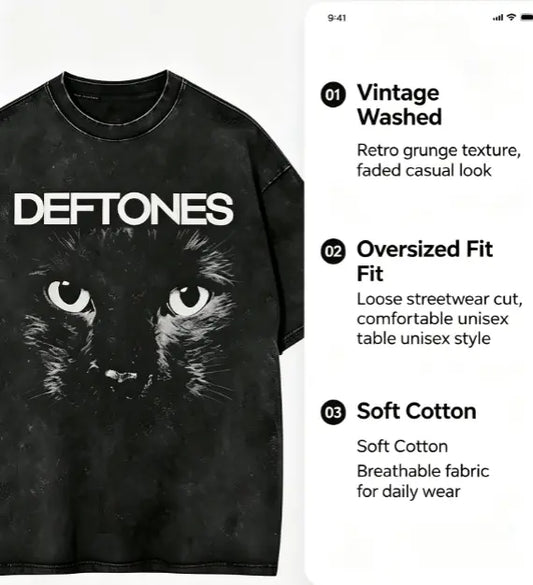 Vintage Washed Deftones Black Cat Graphic T Shirt, 90s Alt Metal Band Oversized Tee, Retro Grunge Streetwear Short Sleeve Top For Men Women Concert Outfit Unisex Menswear