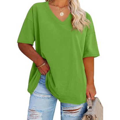 Tankaneo  Women's Plus Size V Neck T Shirts Summer Half Sleeve Tees Casual Loose Fit Cotton Tunic Tops