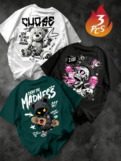 Men's 3-Pack Graffiti Round Neck Short Sleeve T-Shirts, Unique Cool Prints, Loose Fit, Casual Street Style, Daily Wear, Streetwear