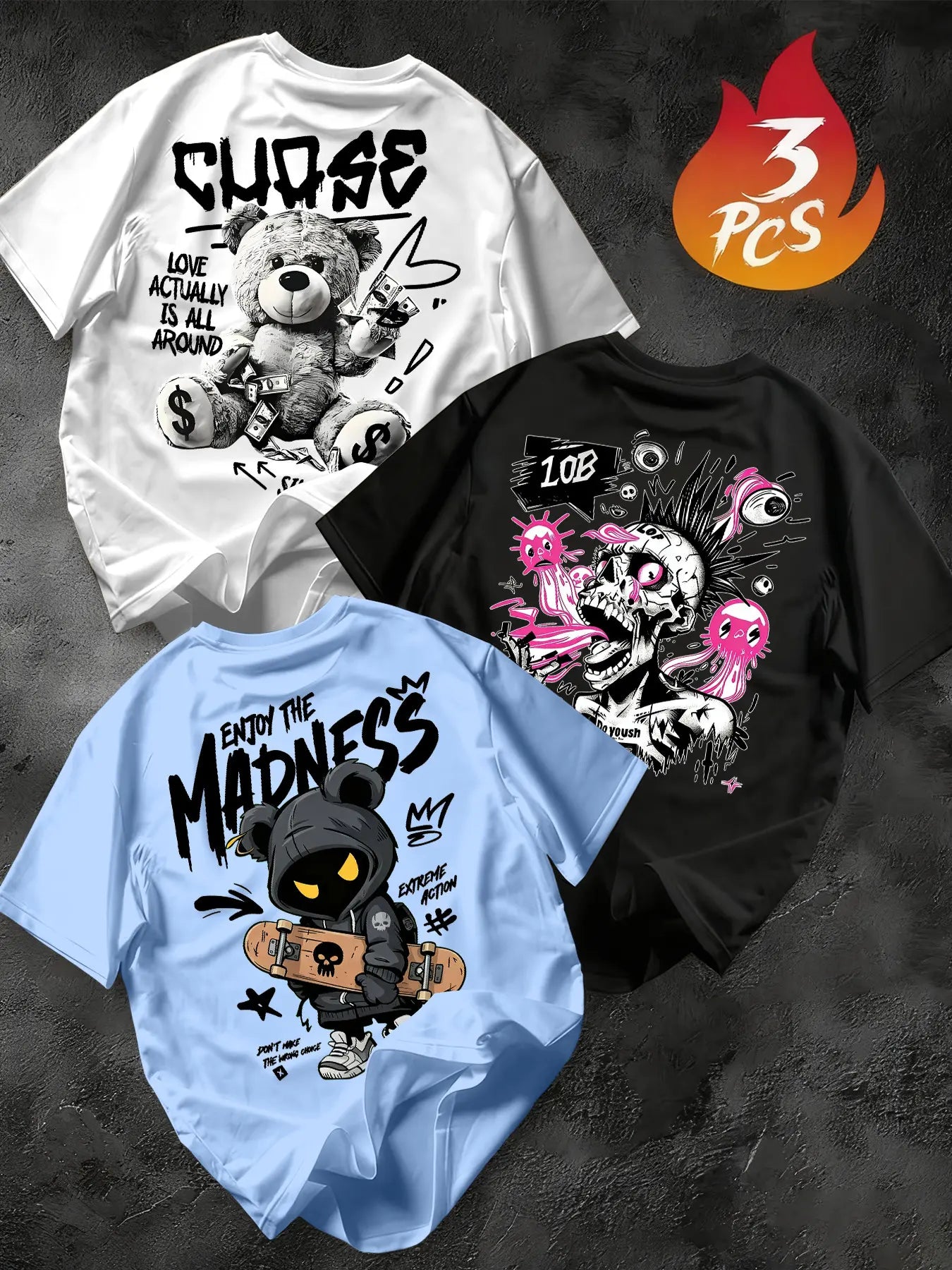 Men's 3-Pack Graffiti Round Neck Short Sleeve T-Shirts, Unique Cool Prints, Loose Fit, Casual Street Style, Daily Wear, Streetwear