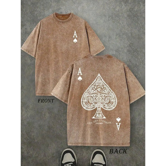Retro Washed T-Shirt Double Sided Printed (230 Pure Cotton T-Shirt) 'LUCK AND STRENGTH'  Letter And Ace Of Spades Pattern Print, Men's T-Shirt, Men's Casual, Comfortable, Fashionable T-Shirt, Men's and women's T-shirts: Unisex cotton T-shirts: Unique gift