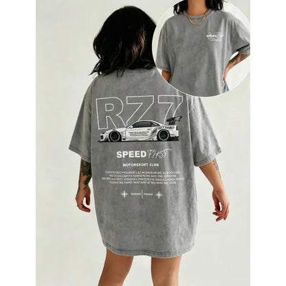 Summer TopsRetro Vintage Creative Pattern "" Washed T-Shirt Double-Sided Printed T-Shirt Heavy 220g Pure Cotton Falling Shoulder T-Shirt Retro Street