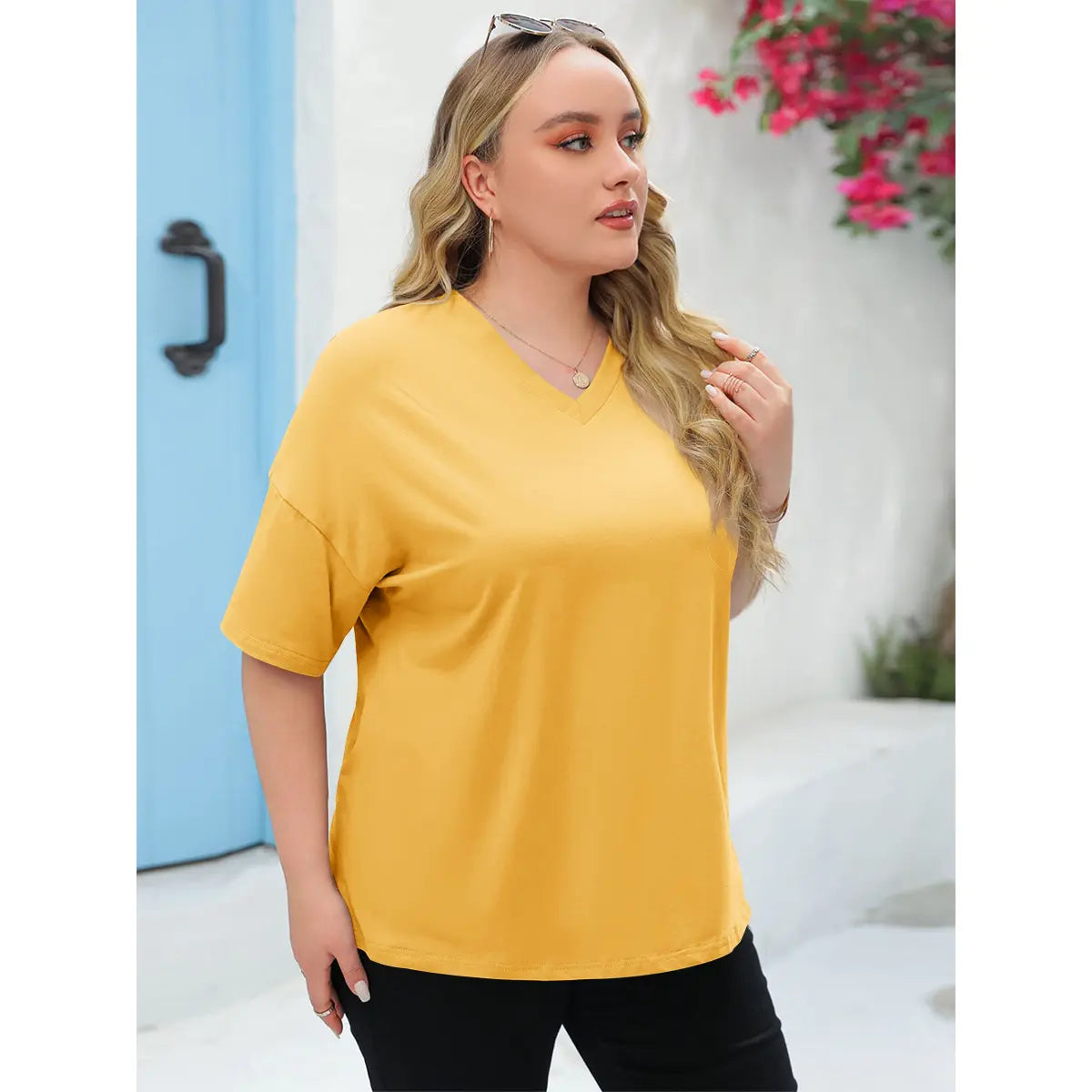 Tankaneo  Women's Plus Size V Neck T Shirts Summer Half Sleeve Tees Casual Loose Fit Cotton Tunic Tops