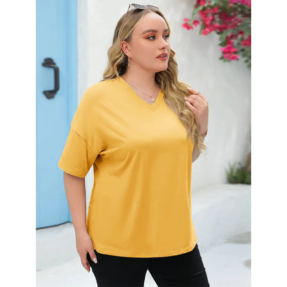 Tankaneo  Women's Plus Size V Neck T Shirts Summer Half Sleeve Tees Casual Loose Fit Cotton Tunic Tops