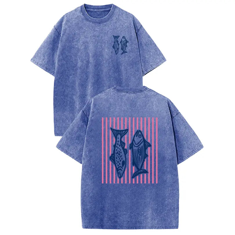 Holafish 2026 100% Cotton Crewneck Acid Wash T‑Shirt, Retro Pink Striped Dual‑Side Fish Graphic Printed Unisex Fashion Tees summervibes Casual Top