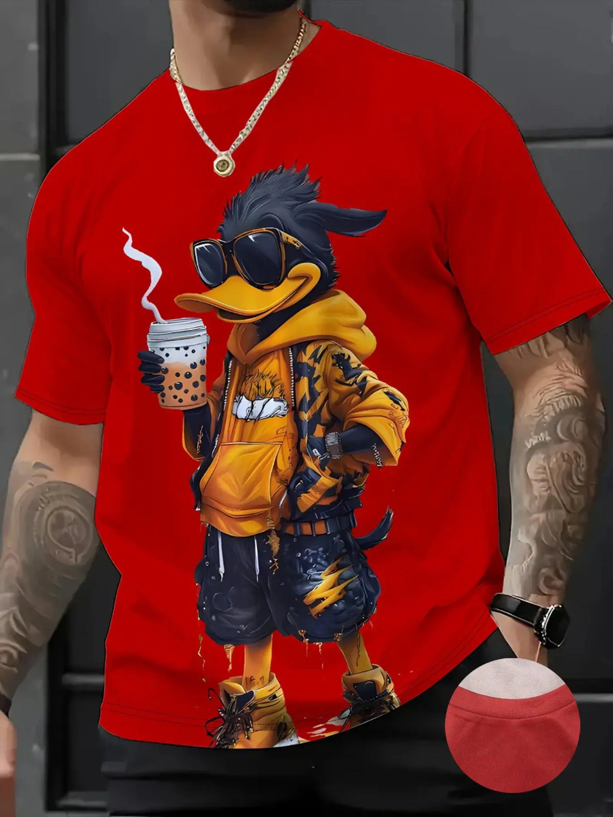 Men's 3D Cartoon Print Round Neck Short Sleeve Casual Streetwear T-Shirt, Fitted All over Print, Long Clothing, All Seasons Wear