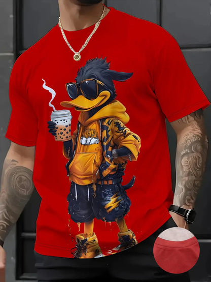 Men's 3D Cartoon Print Round Neck Short Sleeve Casual Streetwear T-Shirt, Fitted All over Print, Long Clothing, All Seasons Wear