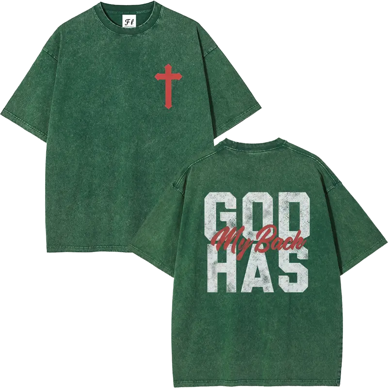 Men's 260g Heavyweight 100% Cotton Casual Short-Sleeve T-Shirt - Round Neck, Retro Acid Washed, Fluffy Breathable Fabric, Moisture-Wicking, "GOD HAS MY BACK" Christian Cross Print, Oversized Plus-Size Christian Clothing Streetwear