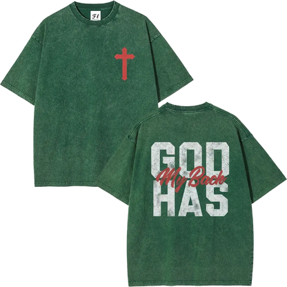 Men's 260g Heavyweight 100% Cotton Casual Short-Sleeve T-Shirt - Round Neck, Retro Acid Washed, Fluffy Breathable Fabric, Moisture-Wicking, "GOD HAS MY BACK" Christian Cross Print, Oversized Plus-Size Christian Clothing Streetwear