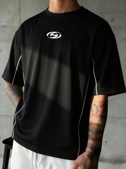 Men's Symbol Line Print T-Shirt, Y2K Streetwear Style, Loose-Fit Short Sleeve Casual Tee for Everyday Wear