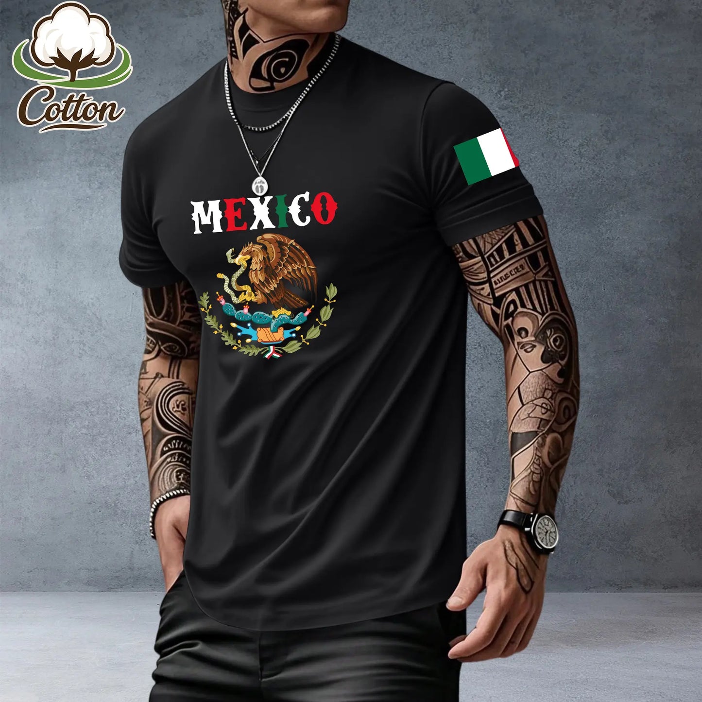 Men’s heavyweight summer loose-fit cotton short-sleeve T-shirt with Mexican-themed print. Trendy, fashionable casual athletic top for men—perfect for summer outfits; a great gift for a boyfriend or brother; suitable for streetwear, commuting, outdoor acti
