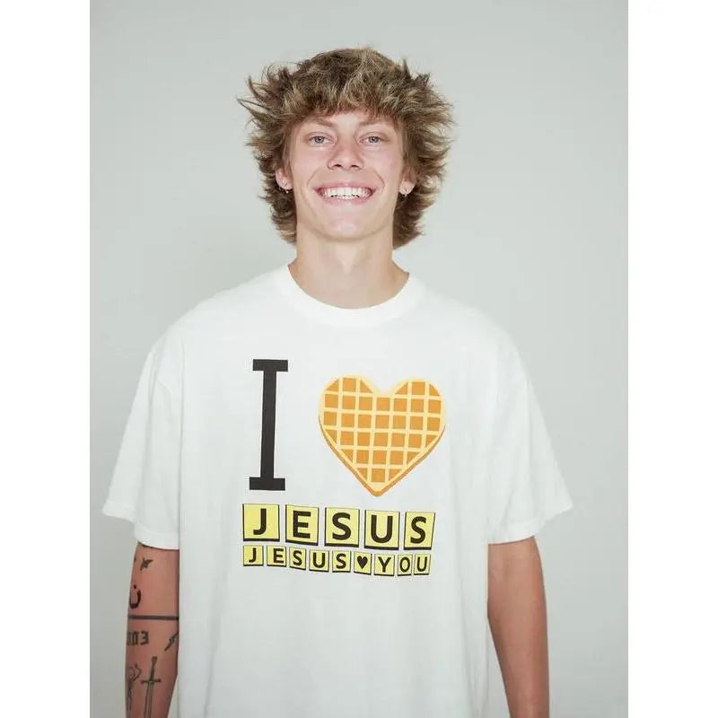 I Love Jesus Jesus Love You Waffle Comfort  Shirt, Bryce Crawford Merch, Christian Apparel Graphic Tee, Funny Christian Breakfast T-shirt, Unisex Casual 100% Cotton  Inspirational Quote TShirt, TikTok Viral Unisex