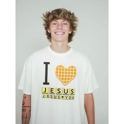 I Love Jesus Jesus Love You Waffle Comfort  Shirt, Bryce Crawford Merch, Christian Apparel Graphic Tee, Funny Christian Breakfast T-shirt, Unisex Casual 100% Cotton  Inspirational Quote TShirt, TikTok Viral Unisex