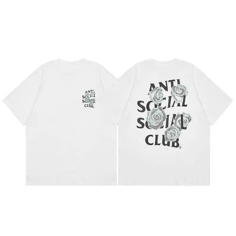 Anti Social Social Club "White Roses" Front/Back T-Shirt Bold Floral Design Streetwear Tee for Menswear Top 100% Cotton Unisex Fit Casual Fabric