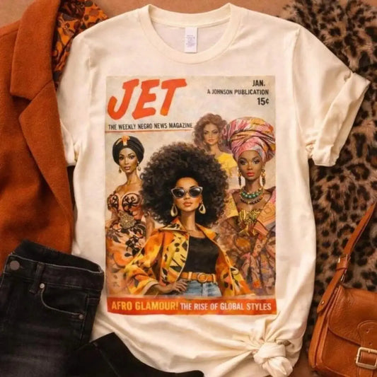Afro Glamour Vintage Magazine Cotton T-shirt for Women Artistic Fashion Afrocentric Fall Graphic Tee R