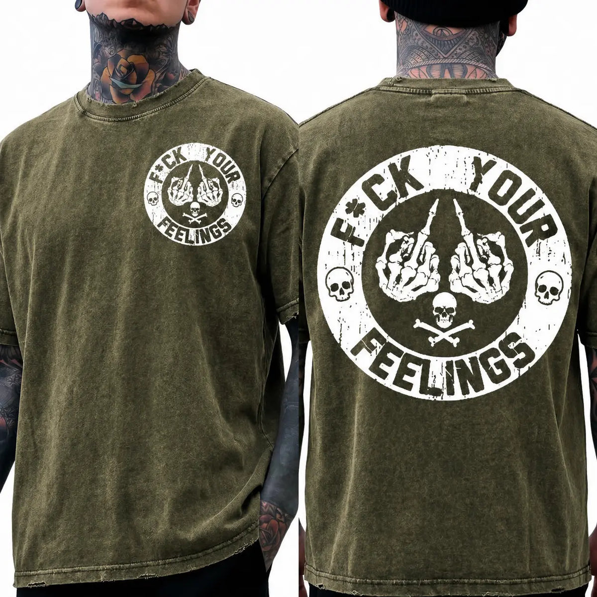 Men's "F*ck Your Feelings" Skull Graphic T-Shirt, Short-Sleeve Round Neck Loose Menswear, Bold Statement Limited Edition Fashion Streetwear Casual Angel Tee tiktokshopspringglowup,summervibes