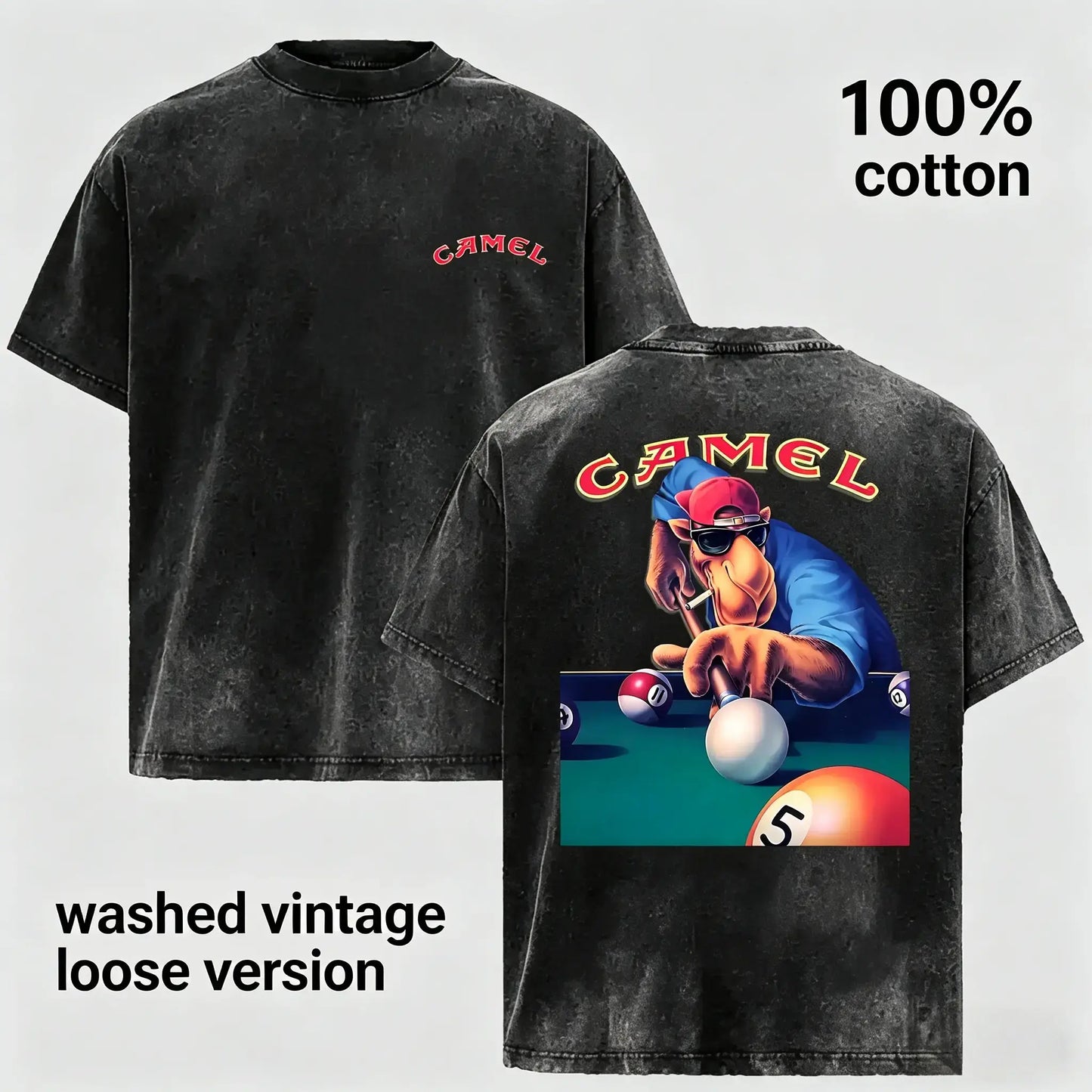 Camel Joe Pool Playing Graphic Tee Vintage Washed 100 Cotton T Shirt Retro Distressed Short Sleeve Casual Streetwear Billiards Shirt Summer Fashion Top Relaxed Fit Loose Version Crew Neck Unisex Tee for Retro Fans