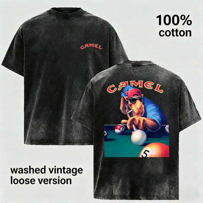 Camel Joe Pool Playing Graphic Tee Vintage Washed 100 Cotton T Shirt Retro Distressed Short Sleeve Casual Streetwear Billiards Shirt Summer Fashion Top Relaxed Fit Loose Version Crew Neck Unisex Tee for Retro Fans