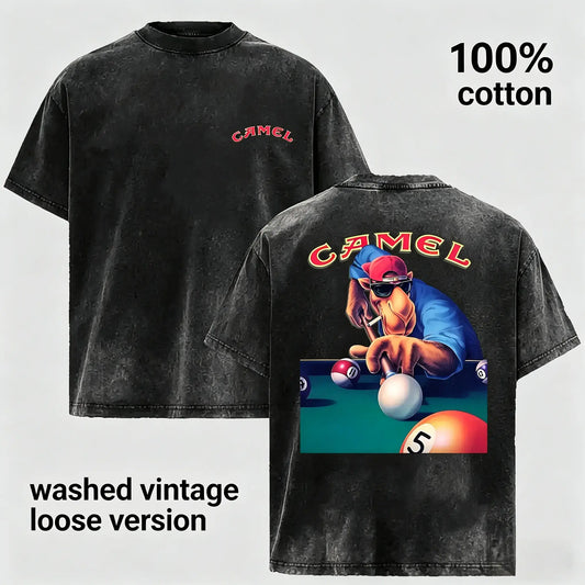 Camel Joe Pool Playing Graphic Tee Vintage Washed 100 Cotton T Shirt Retro Distressed Short Sleeve Casual Streetwear Billiards Shirt Summer Fashion Top Relaxed Fit Loose Version Crew Neck Unisex Tee for Retro Fans