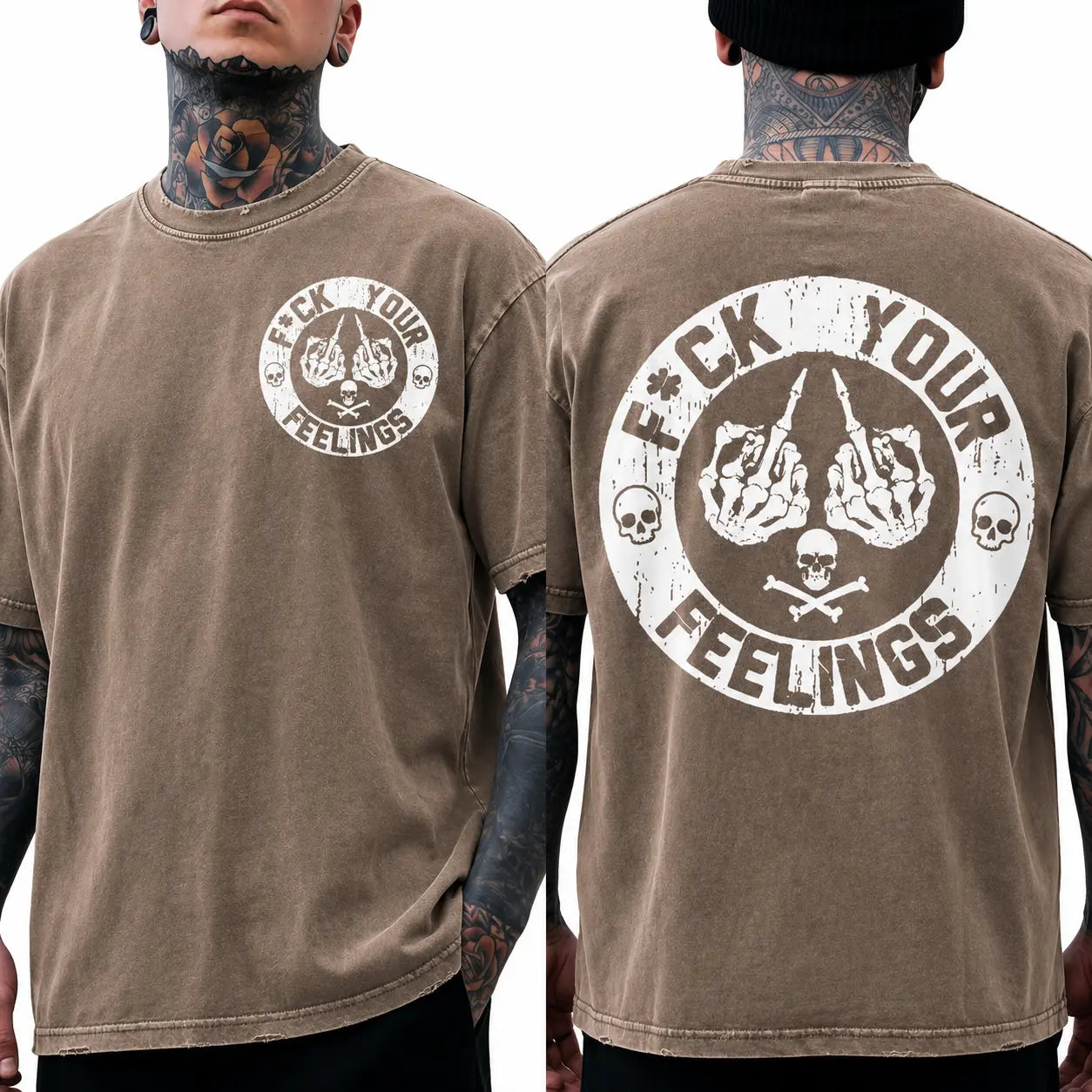 Men's "F*ck Your Feelings" Skull Graphic T-Shirt, Short-Sleeve Round Neck Loose Menswear, Bold Statement Limited Edition Fashion Streetwear Casual Angel Tee tiktokshopspringglowup,summervibes