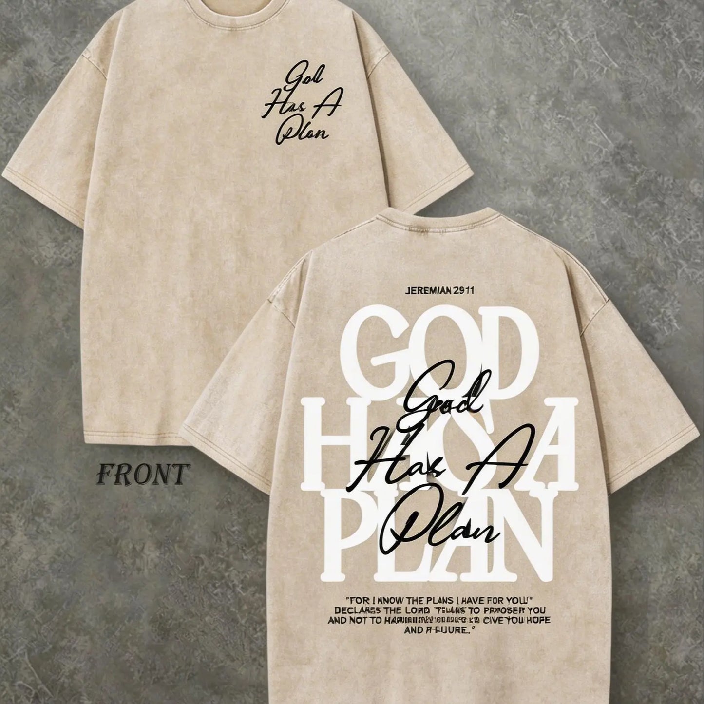 Vintage Washed "God Has a Plan" Double-Sided Print Tee | 230gsm Heavyweight Christian Streetwear, Unisex Wide-Shoulder Fit, High-Quality Cotton Casual Top for Men & Women