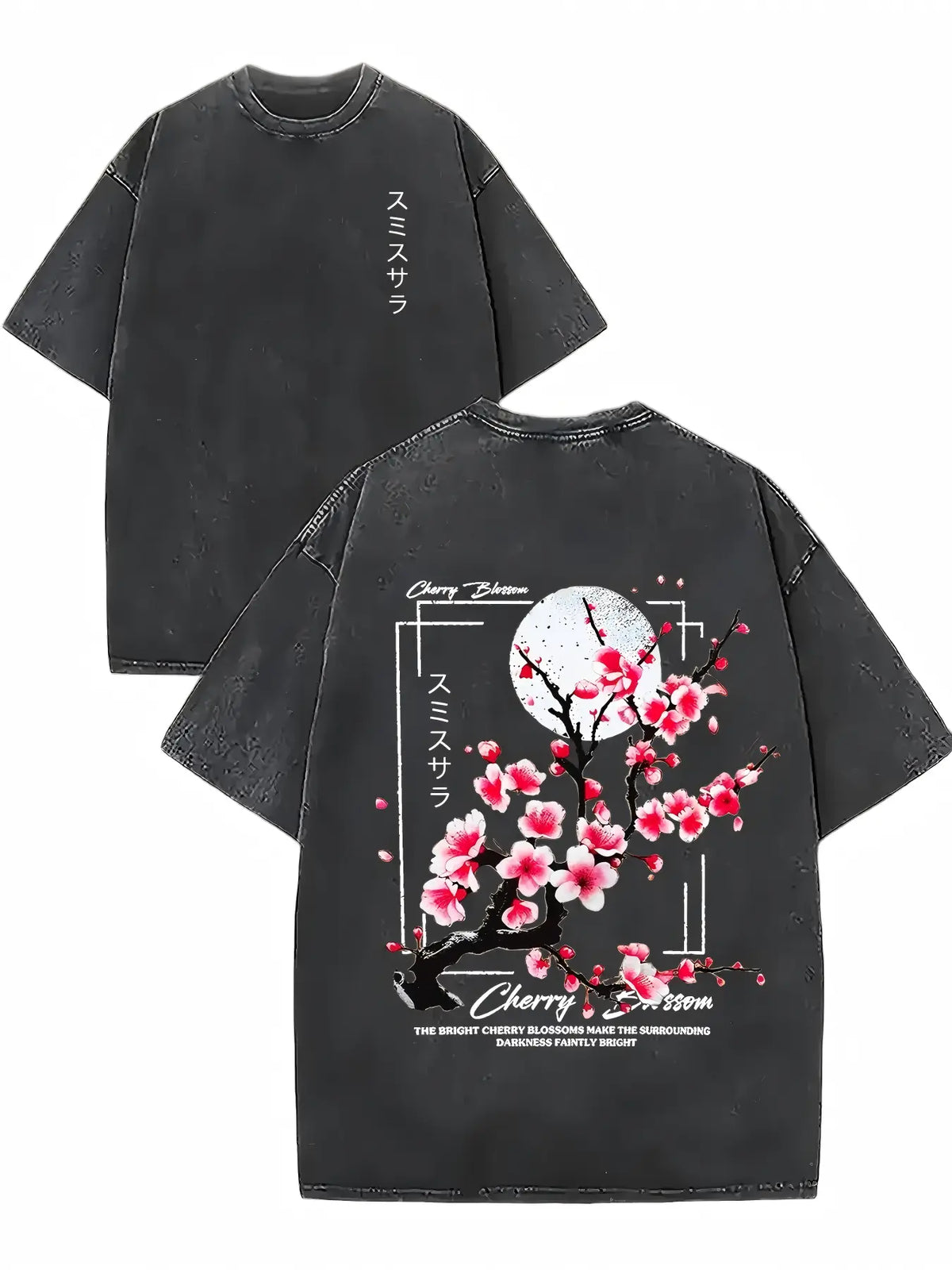 Men's 100% Washed Cotton Fabric Round Neck Short-Sleeve T-Shirt - Vintage Acid-Washed Print Top with Cherry Blossom & Japanese Lettering, Loose Knit Distressed Casual Summer Unisex Wear, Teen Boy Gift Menswear
