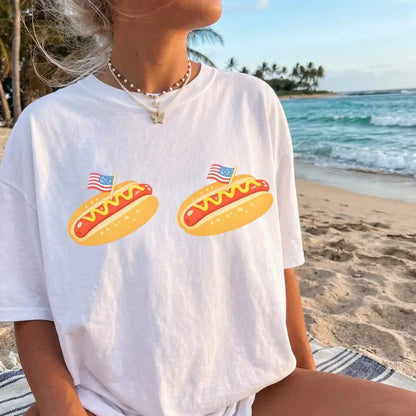 Comfort Colors Retro Hot Dog Bikini 4th of July Shirt - Funny Patriotic Glizzy Graphic Tee, Trendy Oversized USA Independence Day T-Shirt